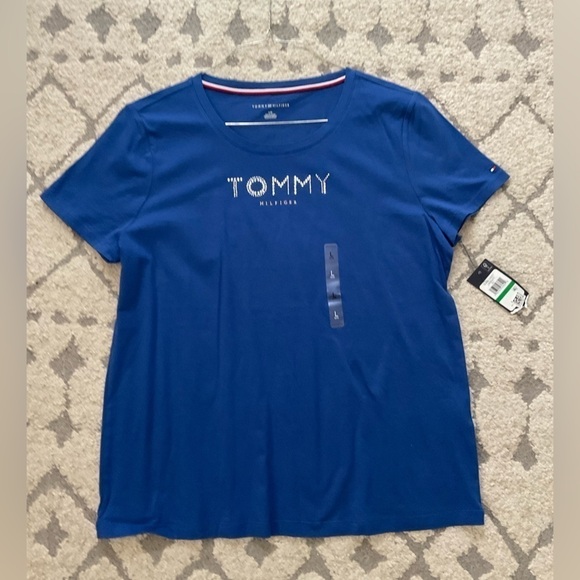 TOMMY HILFIGER WOMEN'S CREW NECK RHINESTONE EMBELLISHED T-SHIRT BLUE - Picture 4 of 8
